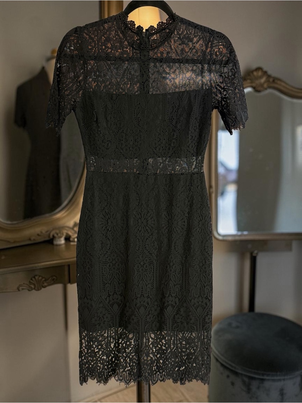 Lulus Black Whimsical Lace Mock Neck Sheath Dress Small EUC - Picture 14 of 14